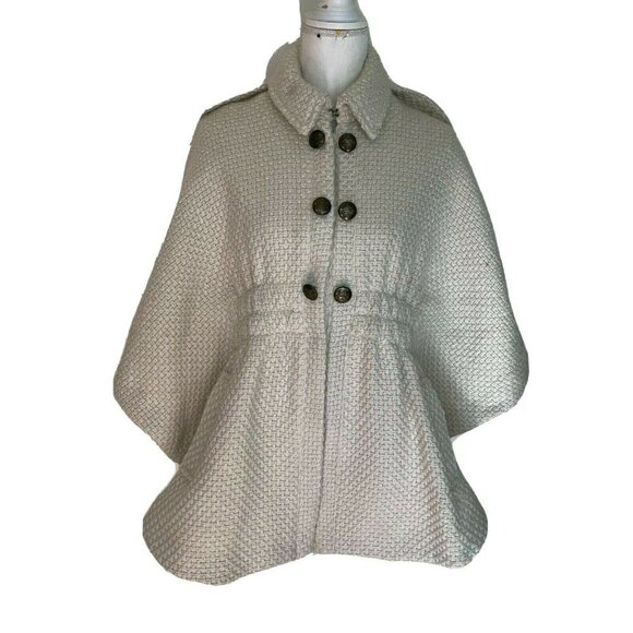 Green With Envy Cape Womens Medium M Wool Blend Poncho Ivory Snap Side Pockets - Picture 1 of 12